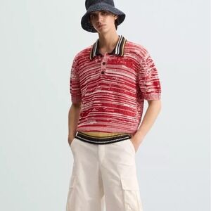 Zara Striped Knit Polo Shirt Men's Size Medium Red White Textured Short Sleeve